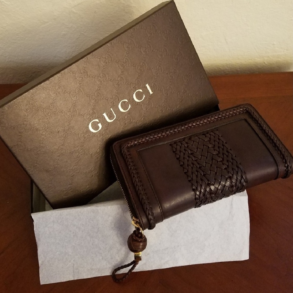 Gucci Zip Around Brown Braided Leather Wallet